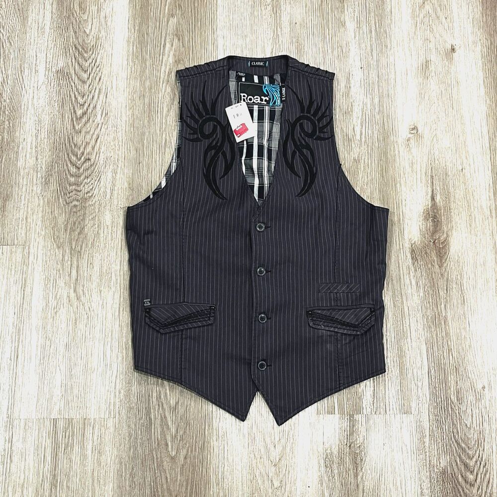 NWT Vintage 00s Y2K Roar Vest Men's XL Embroidered Biker Motorcycle Black Moto
